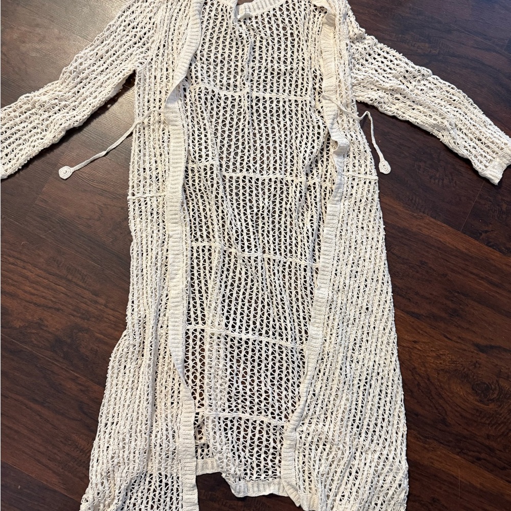 Open Knit Long Cardigan - Cream